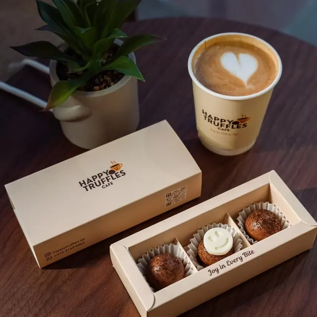 Happy Truffles box of three truffles with a latte